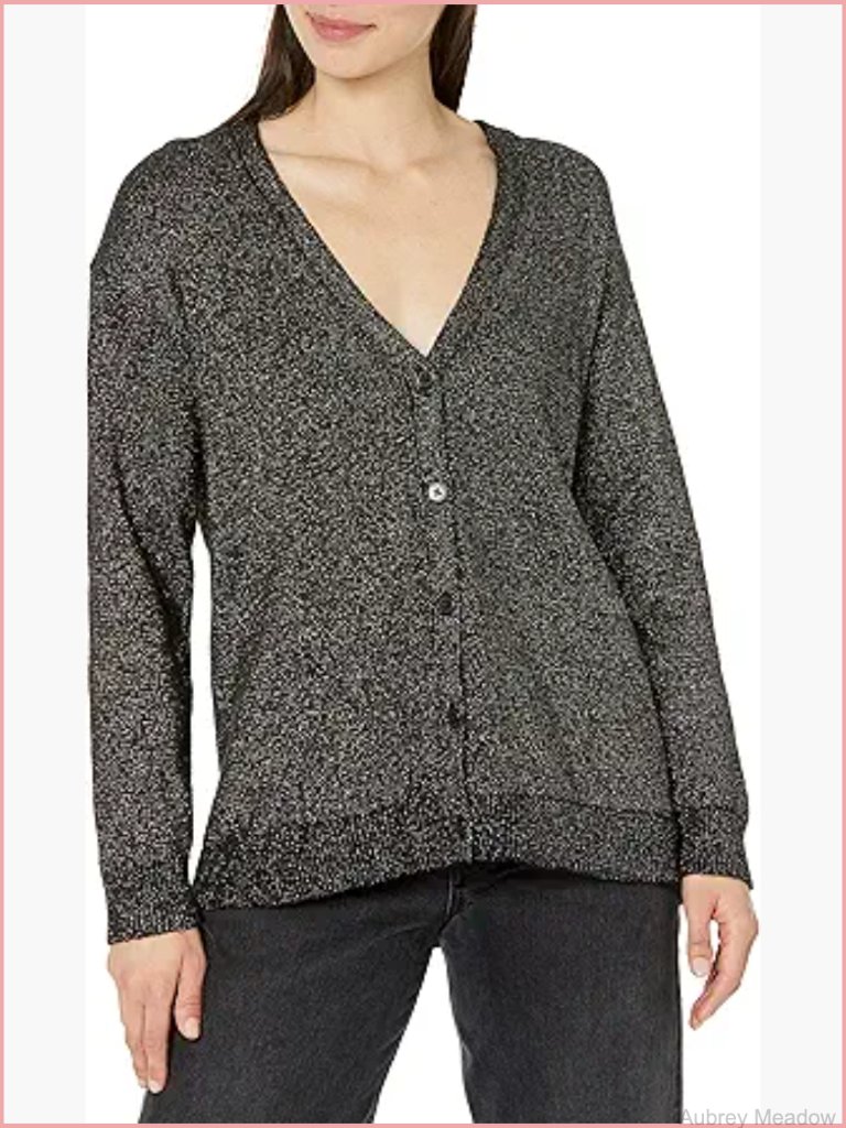 Cashmere Blend Lurex Cardigan Sweater Women's Long Sleeve Crew Neck